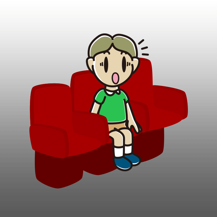 映画館（劇場）で驚く小学生男子のイラスト【色、背景あり】PNG