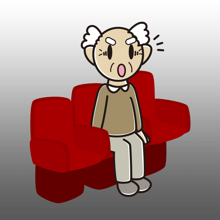 映画館（劇場）で驚くおじいさんのイラスト【色、背景あり】PNG