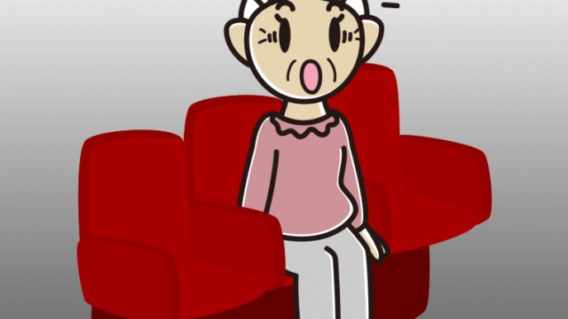 映画館（劇場）で驚くおばあさんのイラスト【色、背景あり】PNG