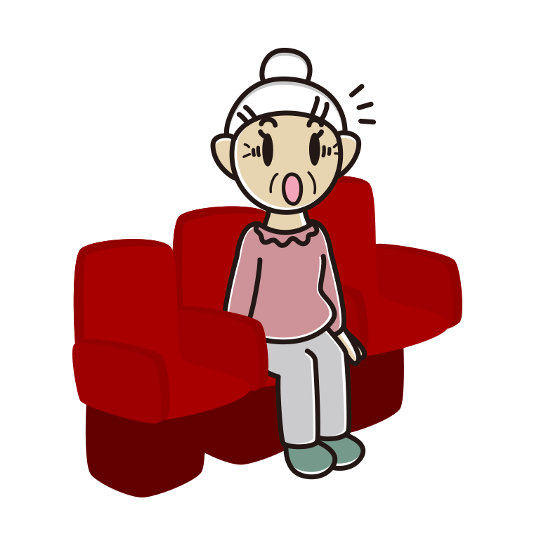 映画館（劇場）で驚くおばあさんのイラスト【色あり、背景なし】透過PNG