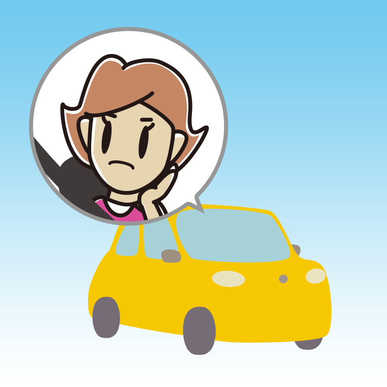 車で考える女性のイラスト【色、背景あり】PNG