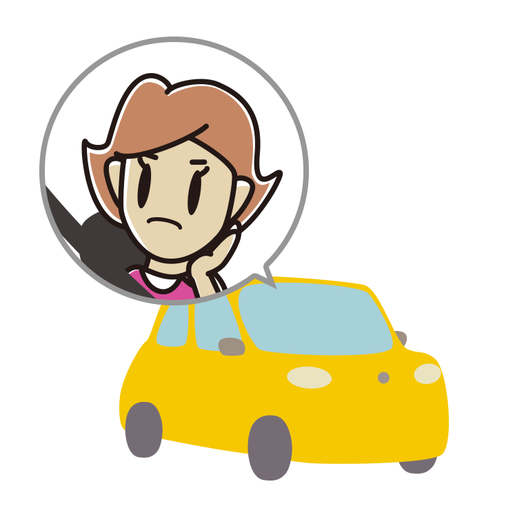 車で考える女性のイラスト【色あり、背景なし】透過PNG