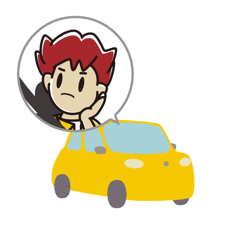 車で考える男子大学生のイラスト【色あり、背景なし】透過PNG
