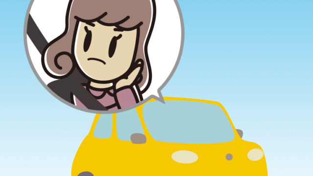 車で考える女子大学生のイラスト【色、背景あり】PNG