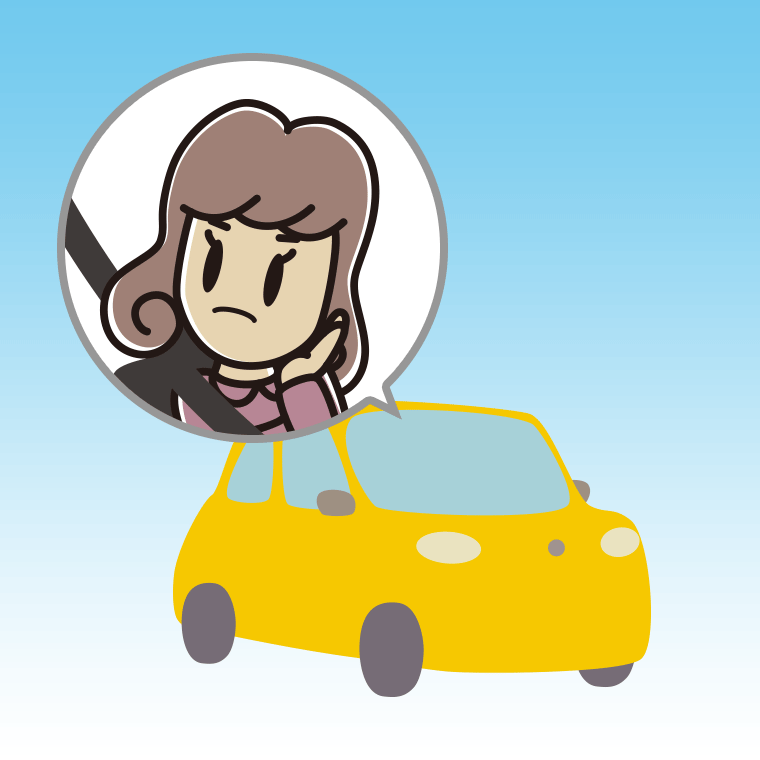 車で考える女子大学生のイラスト【色、背景あり】PNG