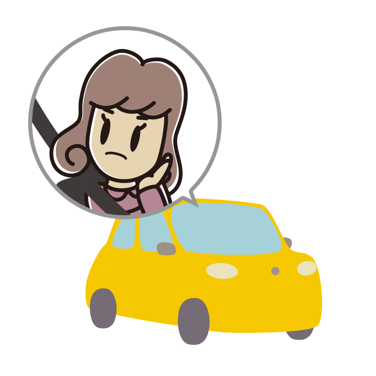 車で考える女子大学生のイラスト【色あり、背景なし】透過PNG