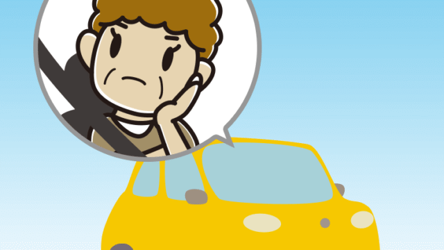 車で考えるおばさんのイラスト【色、背景あり】PNG