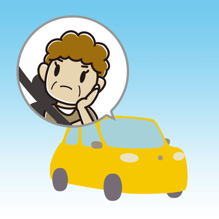 車で考えるおばさんのイラスト【色、背景あり】PNG