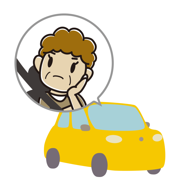 車で考えるおばさんのイラスト【色あり、背景なし】透過PNG