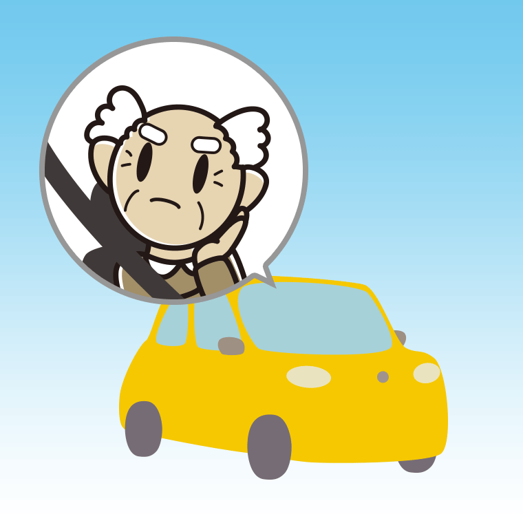 車で考えるおじいさんのイラスト【色、背景あり】PNG