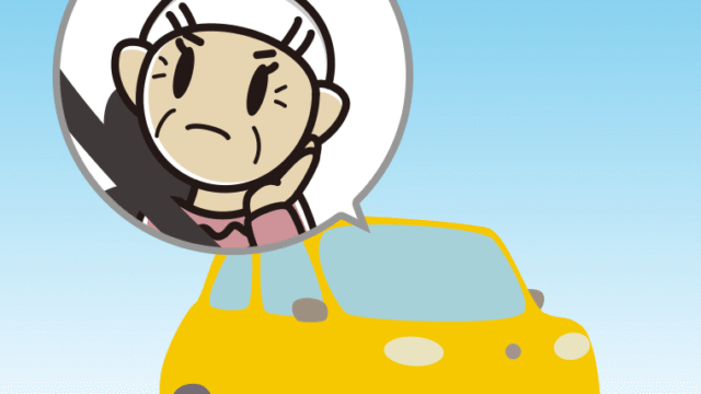 車で考えるおばあさんのイラスト【色、背景あり】PNG