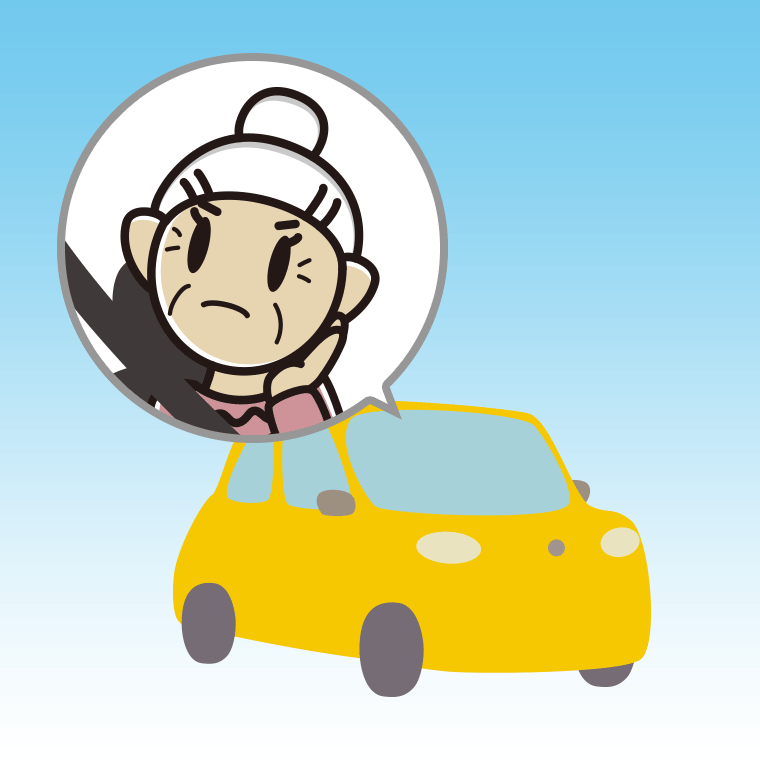 車で考えるおばあさんのイラスト【色、背景あり】PNG