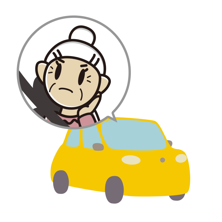 車で考えるおばあさんのイラスト【色あり、背景なし】透過PNG