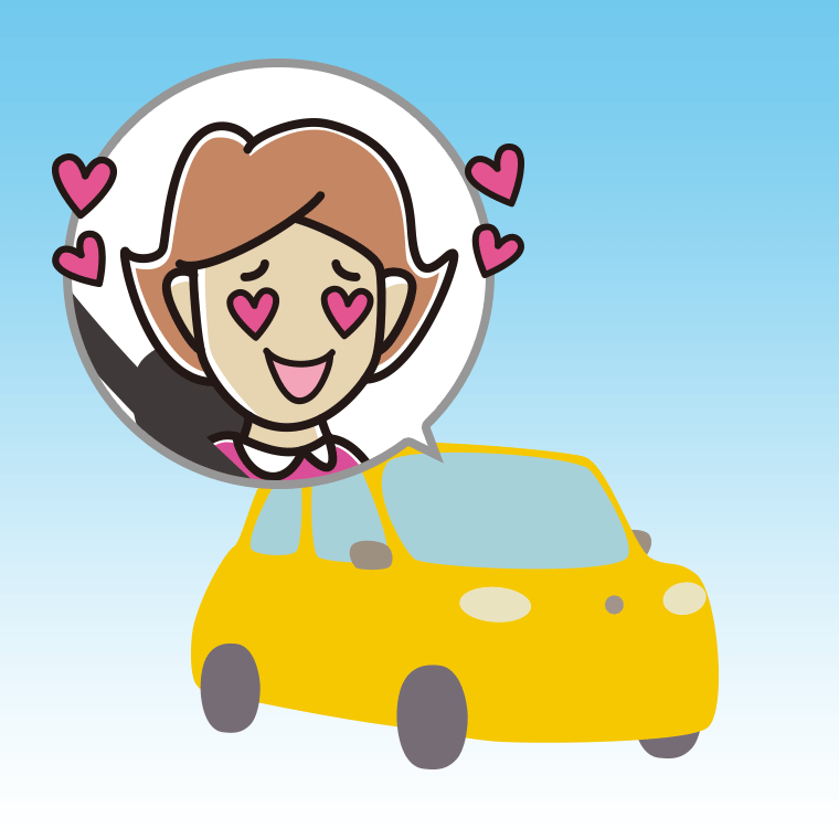 車で目がハートの女性のイラスト【色、背景あり】PNG