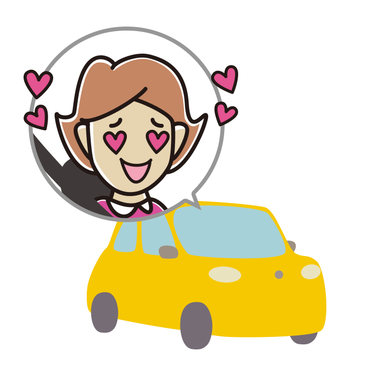 車で目がハートの女性のイラスト【色あり、背景なし】透過PNG