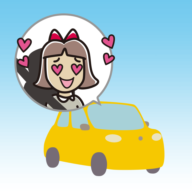 車で目がハートの小学生女子のイラスト【色、背景あり】PNG