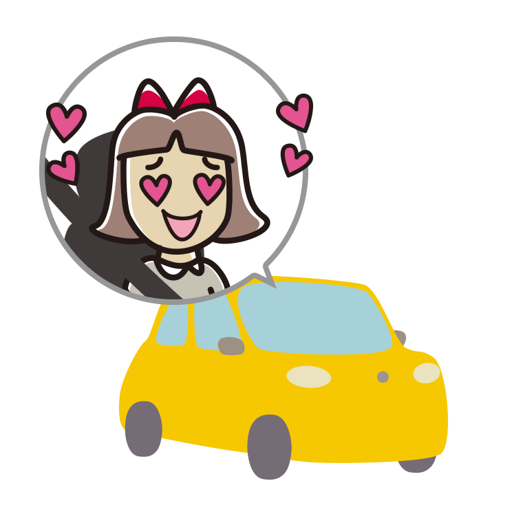 車で目がハートの小学生女子のイラスト【色あり、背景なし】透過PNG