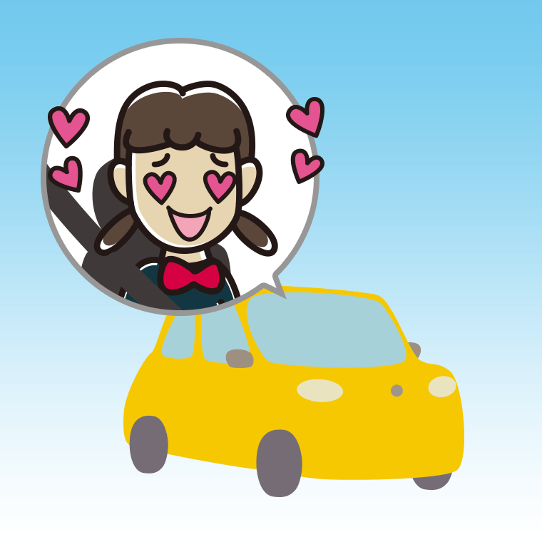 車で目がハートの女子中学生のイラスト【色、背景あり】PNG