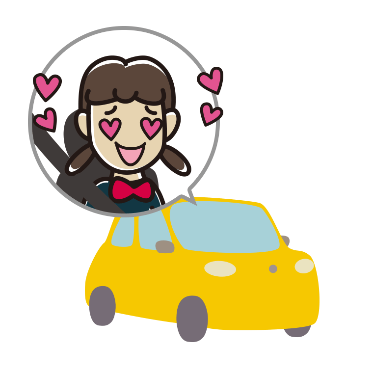 車で目がハートの女子中学生のイラスト【色あり、背景なし】透過PNG
