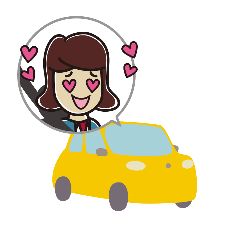 車で目がハートの女子高校生のイラスト【色あり、背景なし】透過PNG