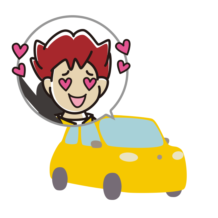 車で目がハートの男子大学生のイラスト【色あり、背景なし】透過PNG