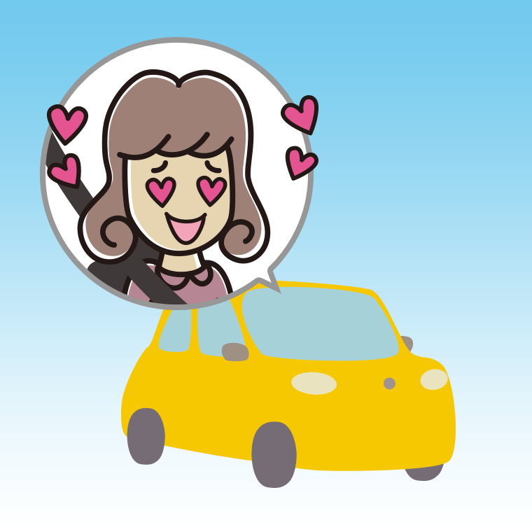 車で目がハートの女子大学生のイラスト【色、背景あり】PNG