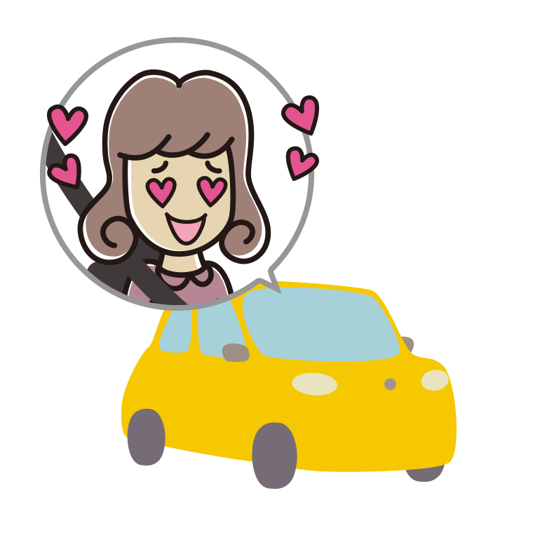 車で目がハートの女子大学生のイラスト【色あり、背景なし】透過PNG
