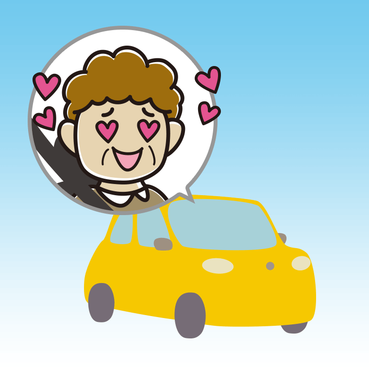 車で目がハートのおばさんのイラスト【色、背景あり】PNG