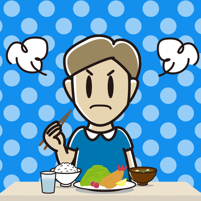 怒りながら食事をする男性のイラスト【色、背景あり】PNG