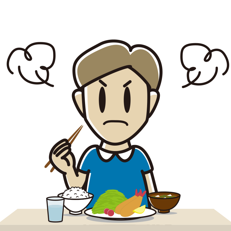 怒りながら食事をする男性のイラスト【色あり、背景なし】透過PNG