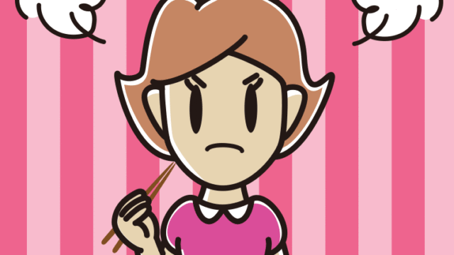 怒りながら食事をする女性のイラスト【色、背景あり】PNG