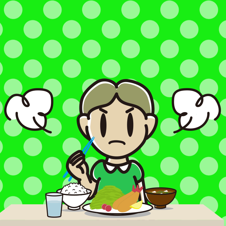 怒りながら食事をする小学生男子のイラスト【色、背景あり】PNG