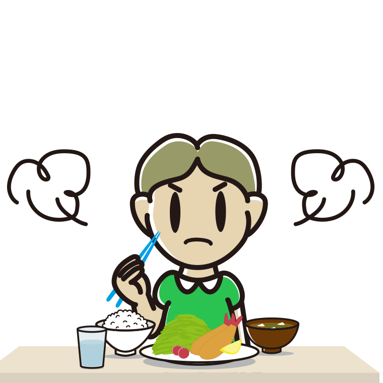 怒りながら食事をする小学生男子のイラスト【色あり、背景なし】透過PNG
