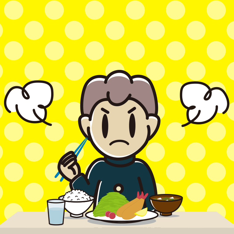 怒りながら食事をする男子中学生のイラスト【色、背景あり】PNG