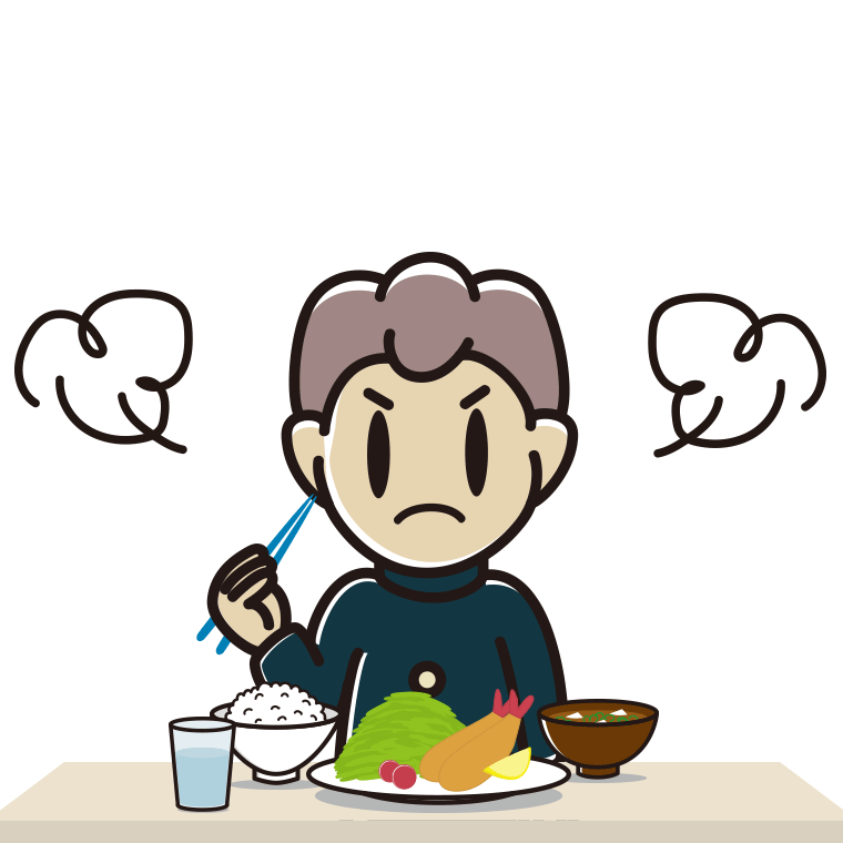 怒りながら食事をする男子中学生のイラスト【色あり、背景なし】透過PNG
