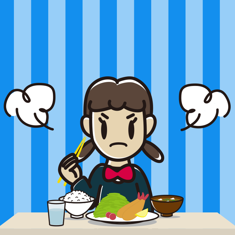怒りながら食事をする女子中学生のイラスト【色、背景あり】PNG