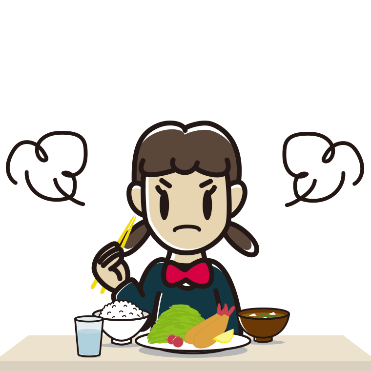 怒りながら食事をする女子中学生のイラスト【色あり、背景なし】透過PNG