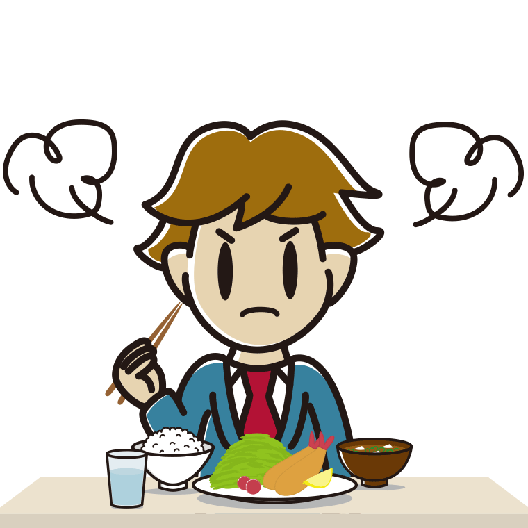 怒りながら食事をする男子高校生のイラスト【色あり、背景なし】透過PNG