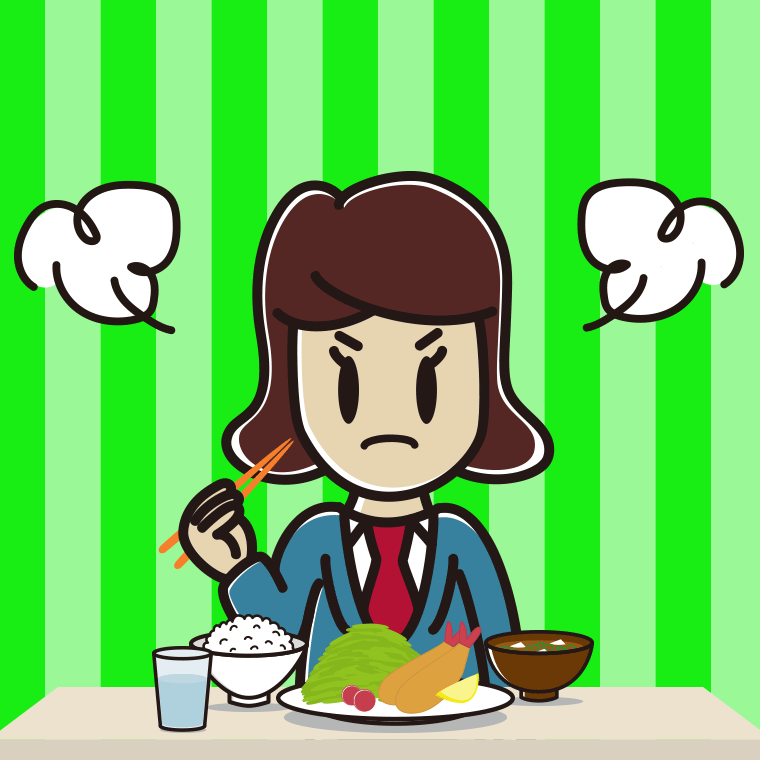 怒りながら食事をする女子高校生のイラスト【色、背景あり】PNG
