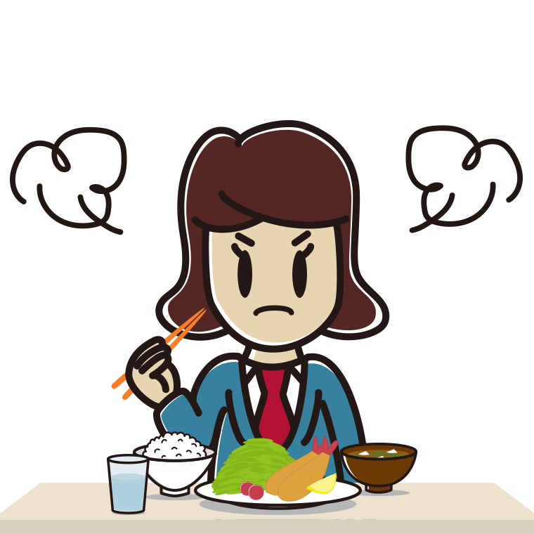 怒りながら食事をする女子高校生のイラスト【色あり、背景なし】透過PNG