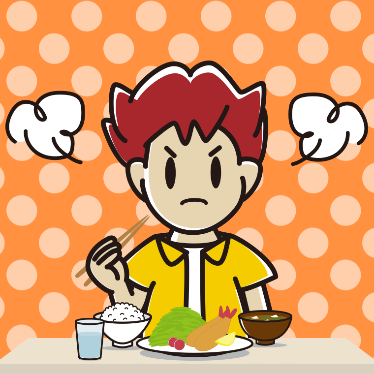 怒りながら食事をする男子大学生のイラスト【色、背景あり】PNG