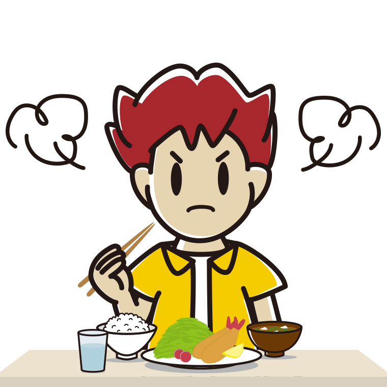 怒りながら食事をする男子大学生のイラスト【色あり、背景なし】透過PNG