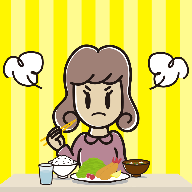 怒りながら食事をする女子大学生のイラスト【色、背景あり】PNG