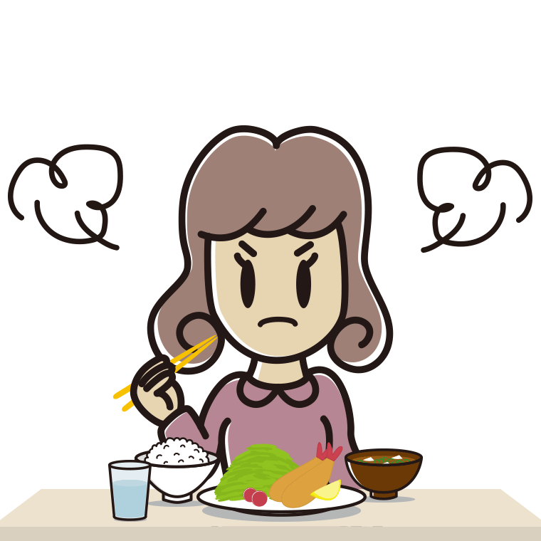 怒りながら食事をする女子大学生のイラスト【色あり、背景なし】透過PNG