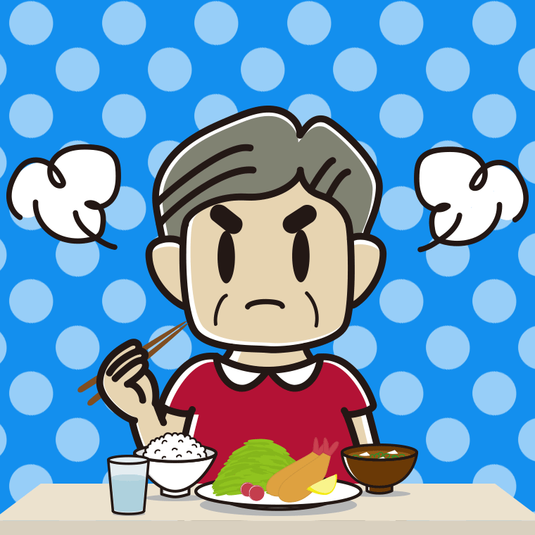 怒りながら食事をするおじさんのイラスト【色、背景あり】PNG