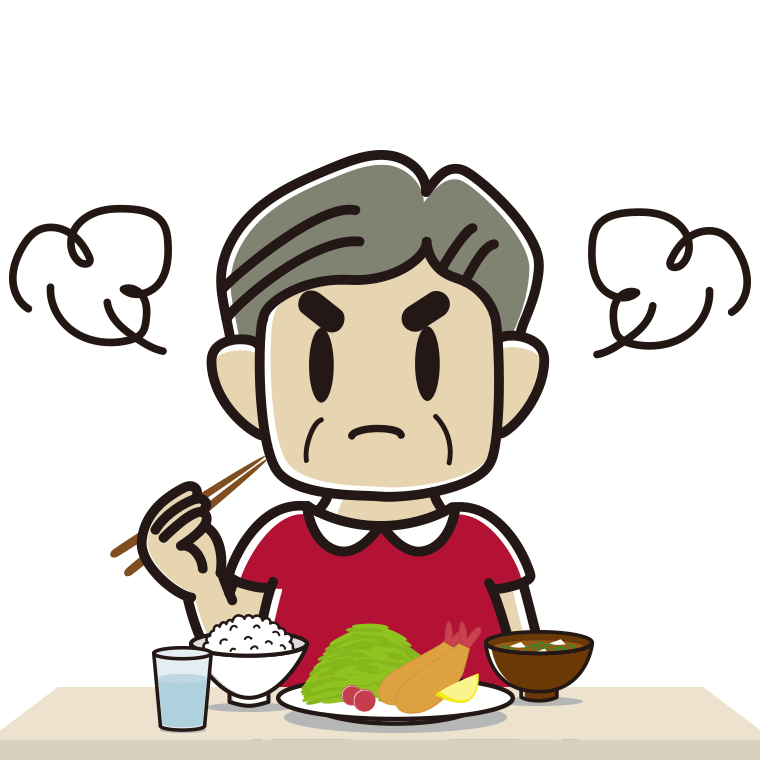 怒りながら食事をするおじさんのイラスト【色あり、背景なし】透過PNG