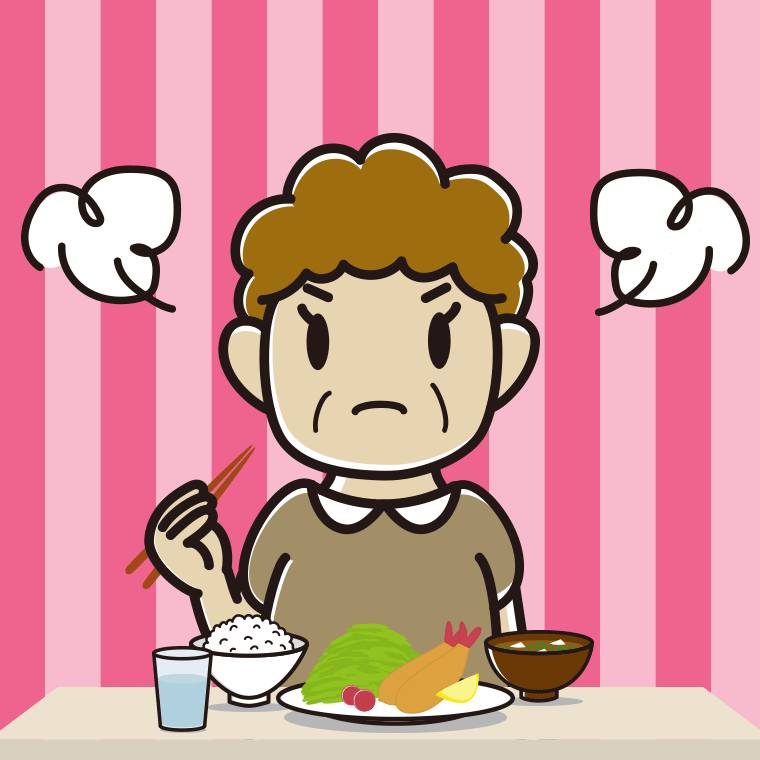 怒りながら食事をするおばさんのイラスト【色、背景あり】PNG