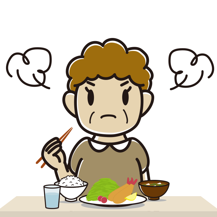 怒りながら食事をするおばさんのイラスト【色あり、背景なし】透過PNG