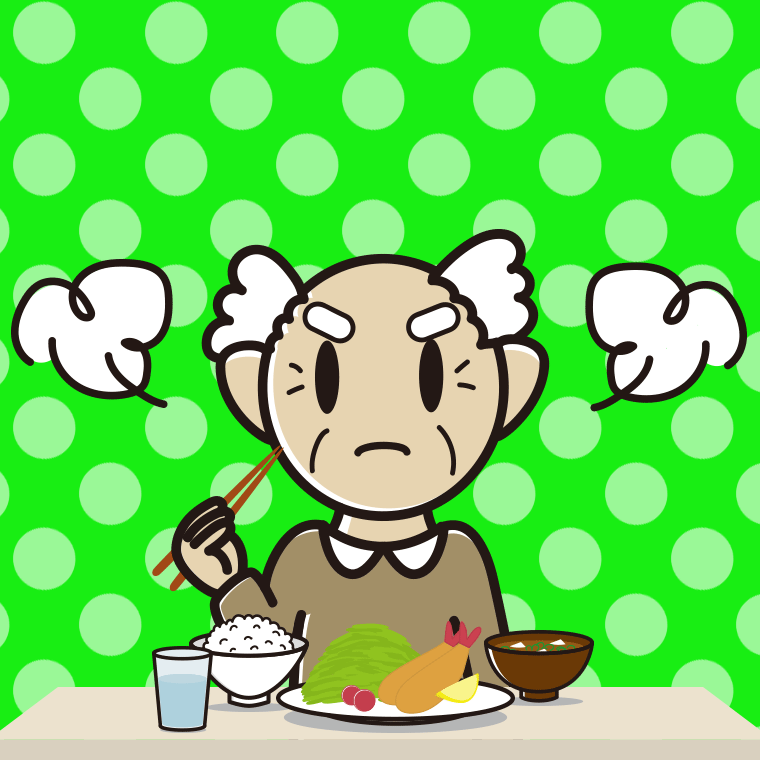 怒りながら食事をするおじいさんのイラスト【色、背景あり】PNG