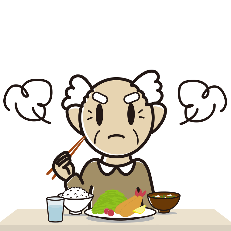 怒りながら食事をするおじいさんのイラスト【色あり、背景なし】透過PNG